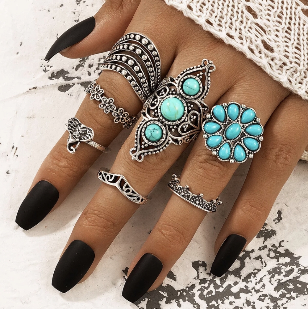Bohemian Silvery Blue White Ring Set Size 5-10 - Picture 6 of 7